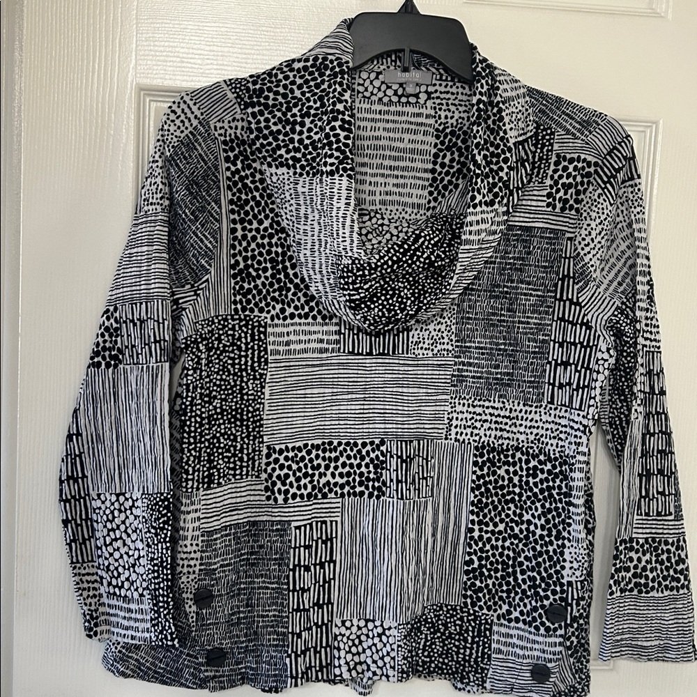 Habitat Top Womens Medium Black White lagenlook  Cotton Cowl Neck Tunic M